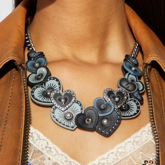 Coach $300 Leather SWAROVSKI Crystals Heart Applique 3d Necklace - Picture 5 of 13